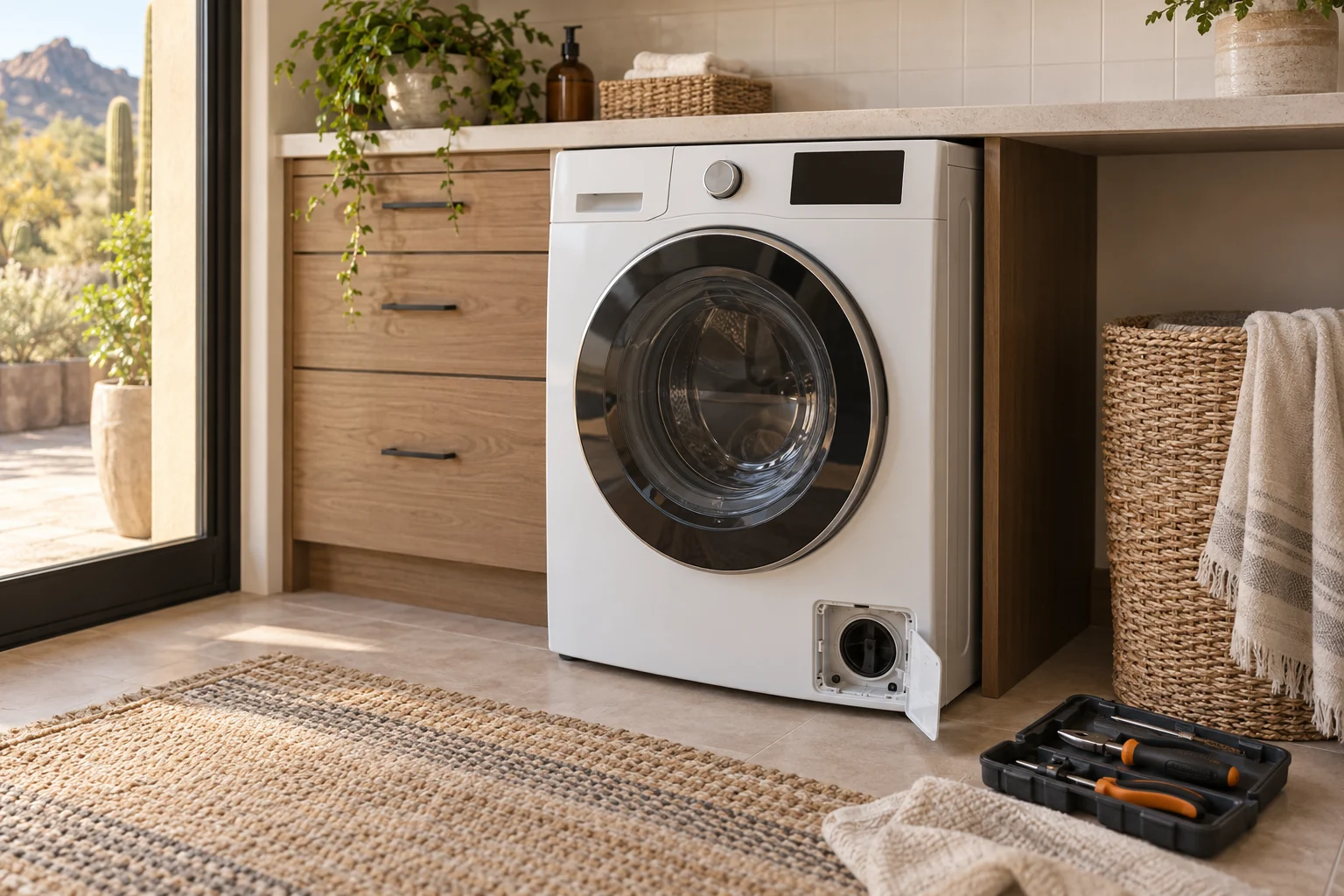 A household washing machine with its filter access open and a small tool kit nearby