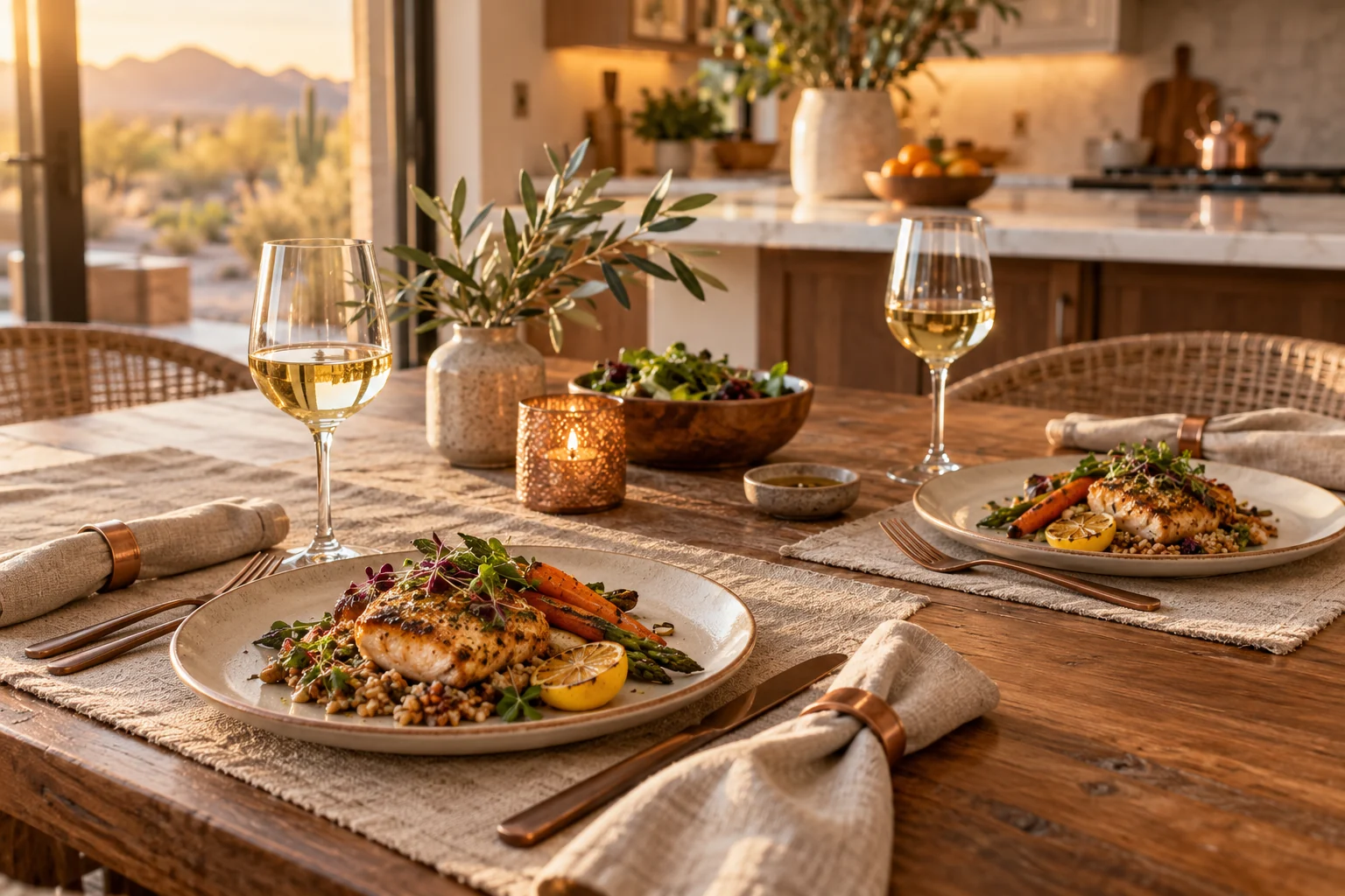 An intimate dinner table with freshly prepared food, linen, and warm copper details