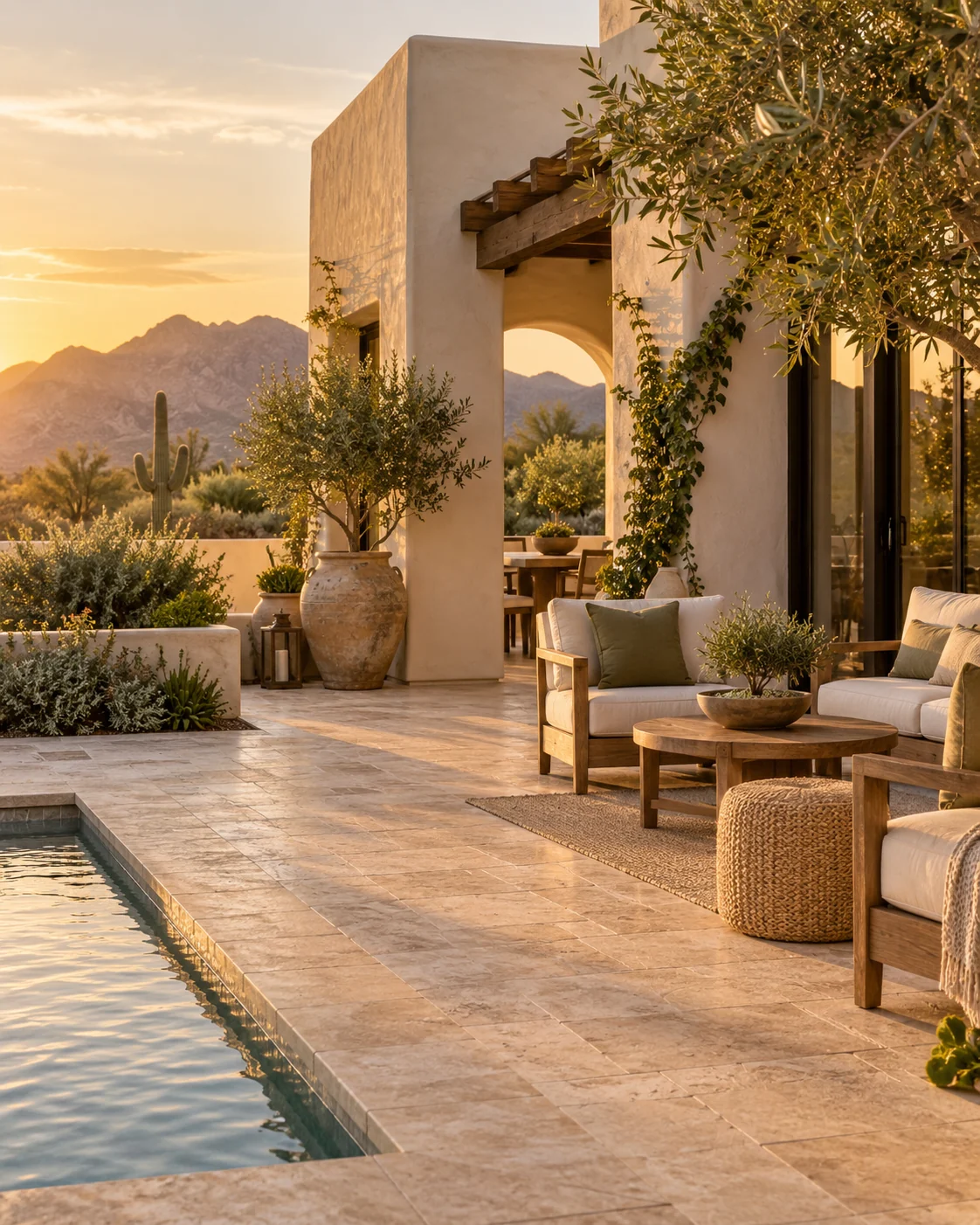 A sunlit desert-home patio with warm stucco, greenery, and a pool