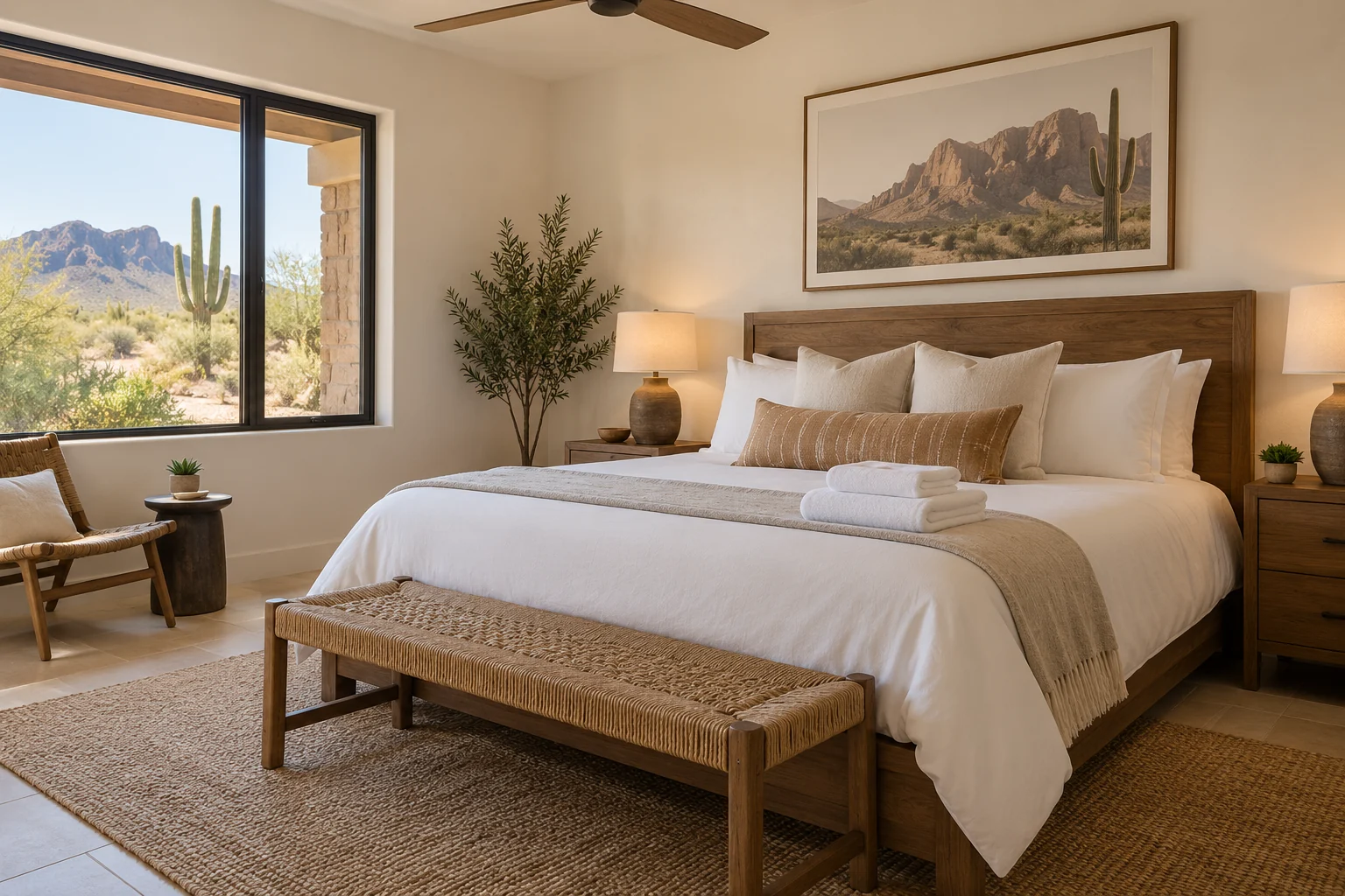 A prepared guest bedroom with crisp white linens and neatly folded towels